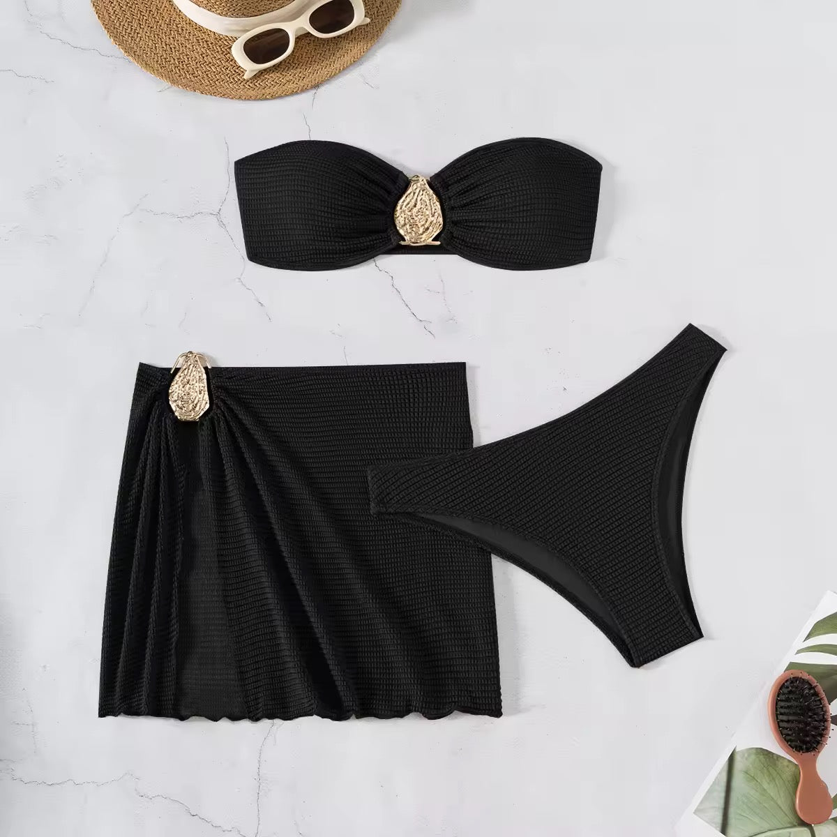 3-teiliges Bandeau-Bikini-Set mit Mesh-Rock - Ambres