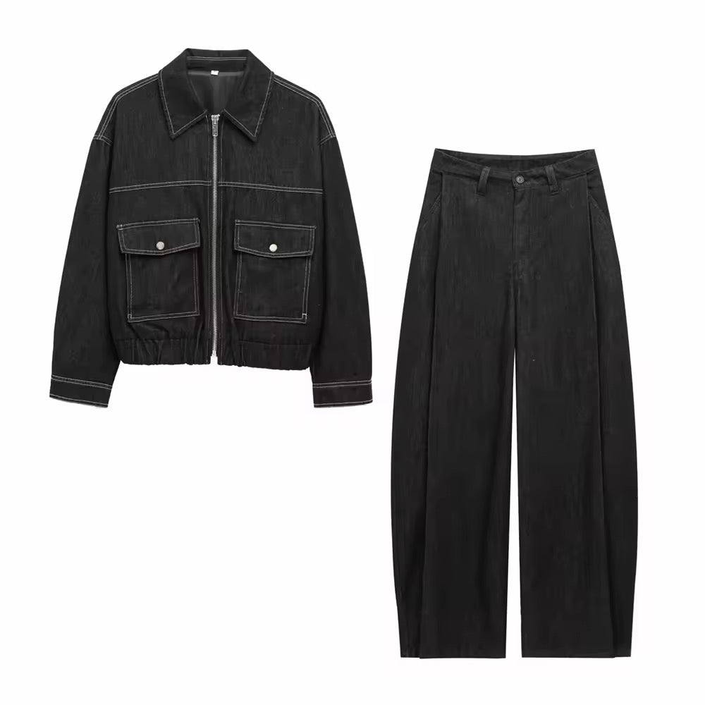 Lässiges Zweiteiler-Set mit Cropped Jacke & High-Waist-Hose - Ambres